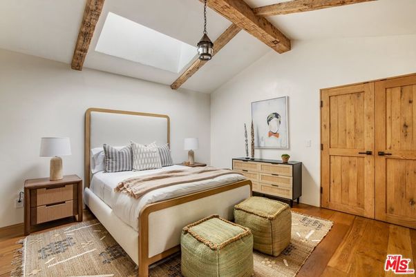 Bedroom, Interior, Pendant Lights, Wooden Beams, Wood Texture Flooring