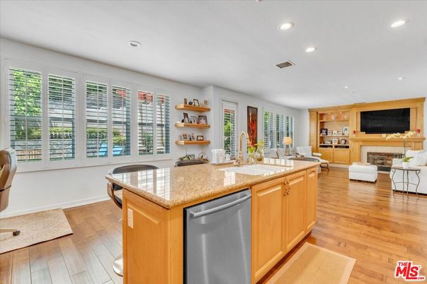 Fireplace, Interior, Kitchen, Living room, Recessed Lighting, Wood Texture Flooring