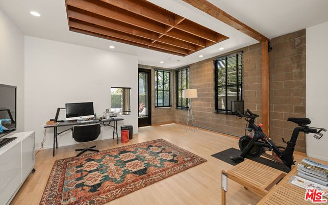 Fitness Equipment, Home Office, Interior, Recessed Lighting, Stone Walls, Wooden Beams, Wood Texture Flooring