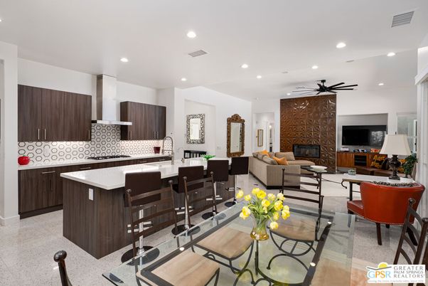 Dining room, Fireplace, Interior, Kitchen, Living room, Recessed Lighting, Stainless Steel Appliances, Stone Walls