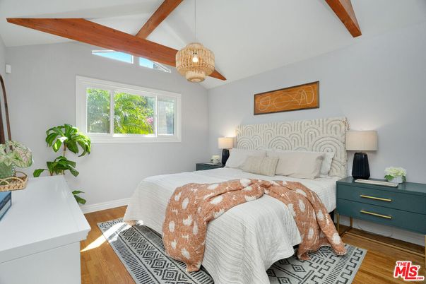 Bedroom, Interior, Pendant Lights, Wooden Beams, Wood Texture Flooring