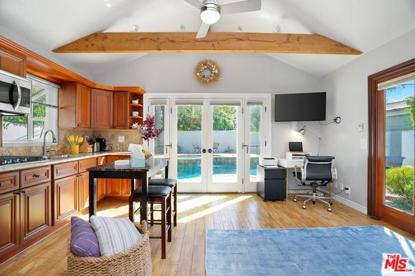 Home Office, Interior, Kitchen, Recessed Lighting, Wooden Beams, Wood Texture Flooring