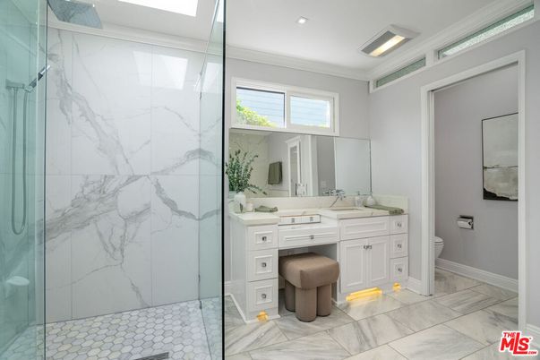 Bathroom, Glass Shower, Interior, Marble, Marble Walls, Recessed Lighting