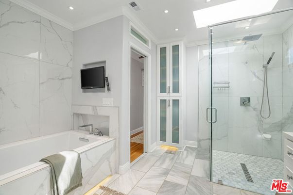 Bathroom, Glass Shower, Interior, Marble, Marble Walls, Recessed Lighting