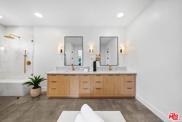 Bathroom, Dual Sink Vanities, Glass Shower, Interior, Marble Walls, Recessed Lighting