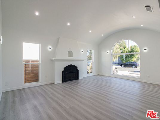 Empty room, Fireplace, Interior, Recessed Lighting, Wood Texture Flooring