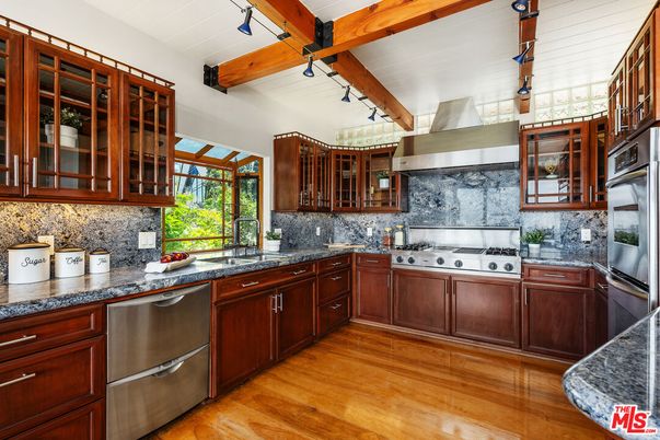 Interior, Kitchen, Stainless Steel Appliances, Wooden Beams, Wood Texture Flooring