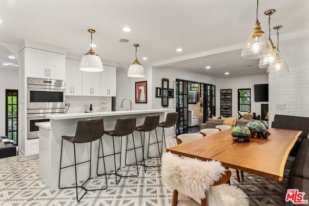 Dining room, Fireplace, Interior, Kitchen, Living room, Pendant Lights, Recessed Lighting, Stainless Steel Appliances
