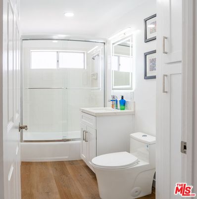 Bathroom, Glass Shower, Interior, Recessed Lighting, Wood Texture Flooring