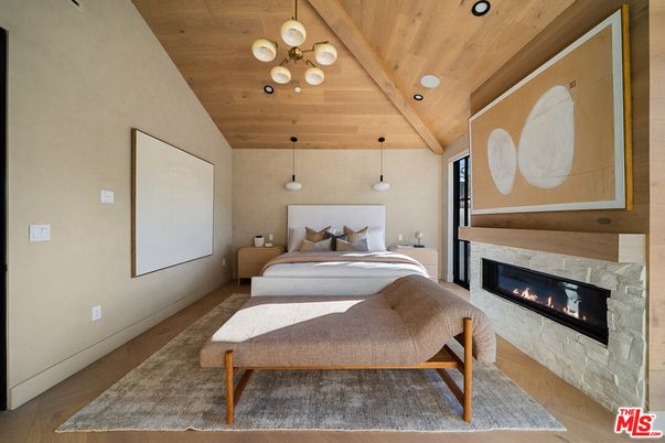 Bedroom, Fireplace, Interior, Pendant Lights, Recessed Lighting, Wooden Ceilings, Wood Texture Flooring