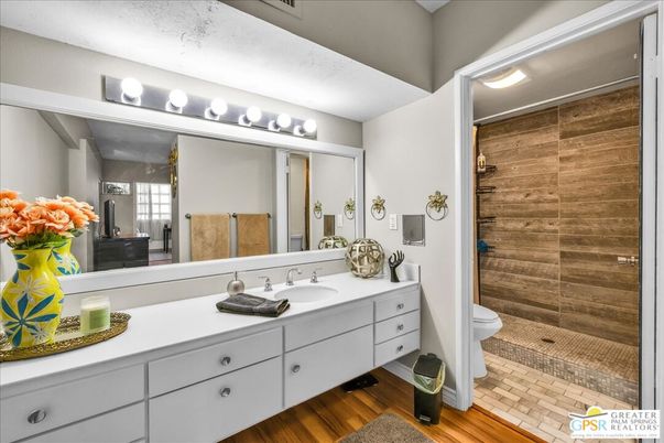 Bathroom, Glass Shower, Interior, Wood Texture Flooring