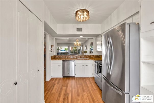 Chandelier, Interior, Kitchen, Recessed Lighting, Stainless Steel Appliances, Wood Texture Flooring