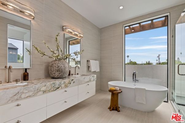 Bathroom, Dual Sink Vanities, Free Standing Baths, Glass Shower, Interior, Recessed Lighting, Wood Texture Flooring