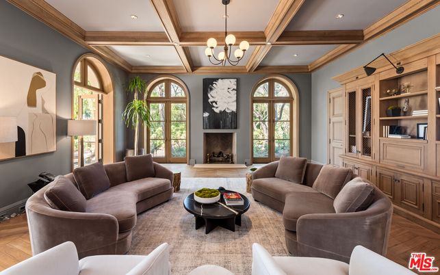 Chandelier, Fireplace, Interior, Living room, Recessed Lighting, Wooden Beams, Wood Texture Flooring