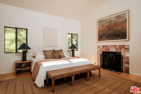 Bedroom, Fireplace, Interior, Wood Texture Flooring