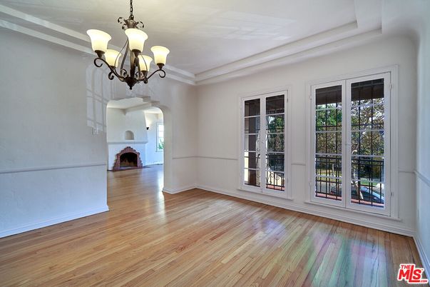 Chandelier, Empty room, Fireplace, Interior, Wood Texture Flooring