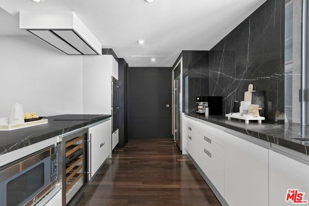 Interior, Kitchen, Marble Walls, Recessed Lighting, Wood Texture Flooring