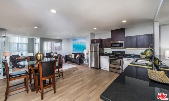 Dining room, Interior, Kitchen, Living room, Recessed Lighting, Stainless Steel Appliances, Wood Texture Flooring