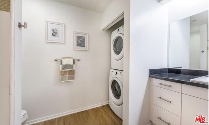 Bathroom, Interior, Tile Countertops, Utility Closets, Washer, Wood Texture Flooring
