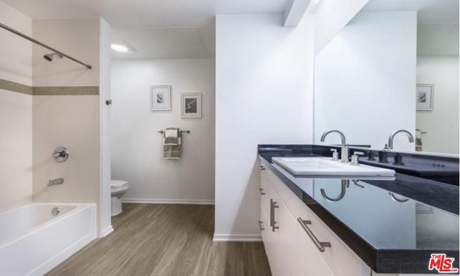 Bathroom, Dual Sink Vanities, Interior, Recessed Lighting, Wood Texture Flooring