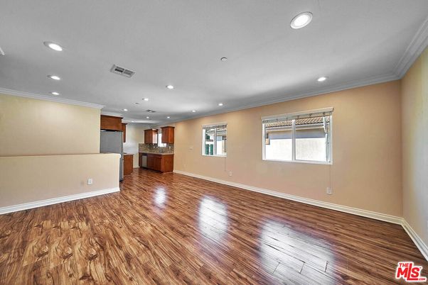 Empty room, Interior, Kitchen, Recessed Lighting, Wood Texture Flooring
