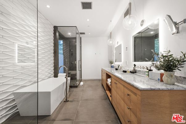 Bathroom, Dual Sink Vanities, Glass Shower, Interior, Pendant Lights, Recessed Lighting