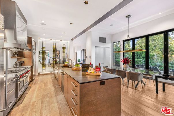 Dining room, Interior, Kitchen, Pendant Lights, Recessed Lighting, Stainless Steel Appliances, Wooden Beams, Wood Texture Flooring