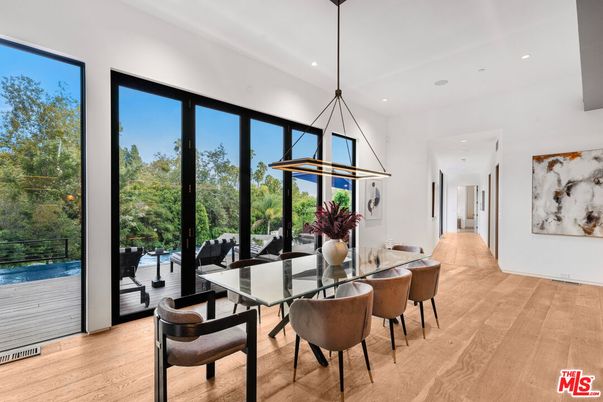 Dining room, Interior, Pendant Lights, Recessed Lighting, Wood Texture Flooring