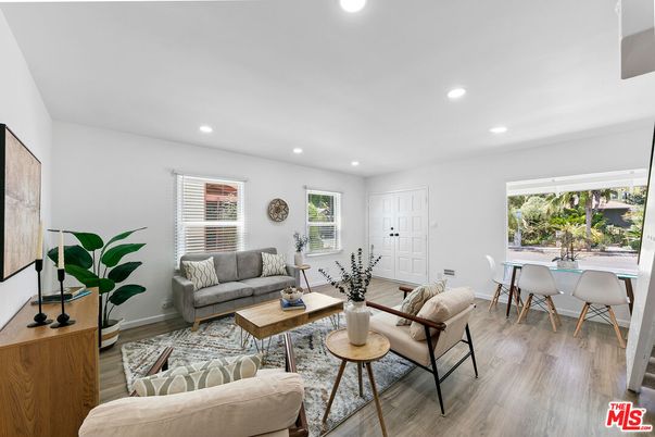 Dining room, Interior, Living room, Recessed Lighting, Wood Texture Flooring