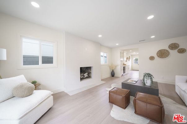 Fireplace, Interior, Living room, Recessed Lighting, Wood Texture Flooring