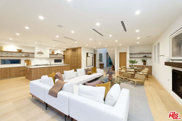 Dining room, Fireplace, Interior, Kitchen, Living room, Pendant Lights, Recessed Lighting, Wood Texture Flooring