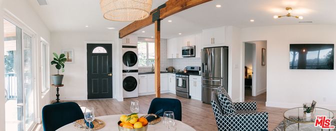 Interior, Kitchen, Recessed Lighting, Stainless Steel Appliances, Washer, Wooden Beams, Wood Texture Flooring