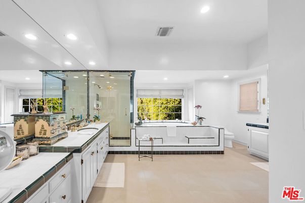 Bathroom, Dual Sink Vanities, Glass Shower, Interior, Recessed Lighting, Tile Countertops