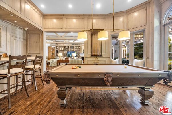 Billiard Table, Game Room, Interior, Pendant Lights, Recessed Lighting, Wood Texture Flooring