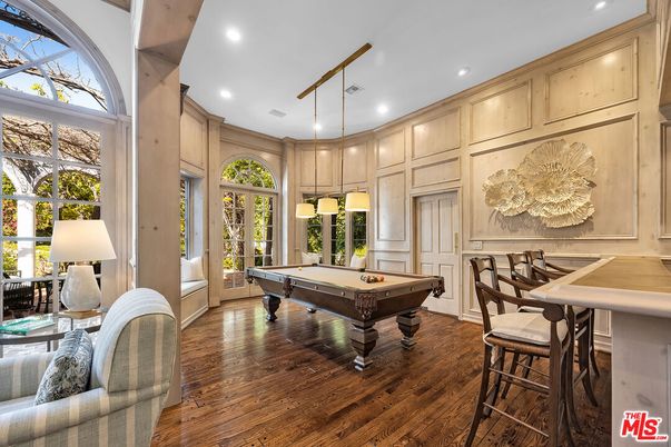 Billiard Table, Game Room, Interior, Pendant Lights, Recessed Lighting, Wood Texture Flooring