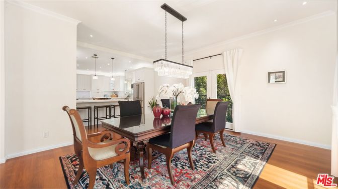 Chandelier, Dining room, Interior, Kitchen, Pendant Lights, Recessed Lighting, Stainless Steel Appliances, Wood Texture Flooring