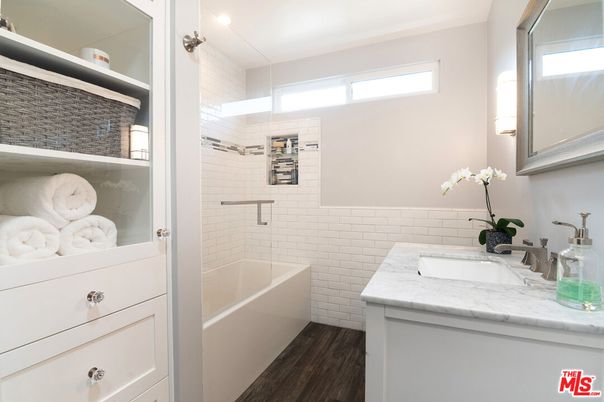Bathroom, Glass Shower, Interior, Recessed Lighting, Wood Texture Flooring