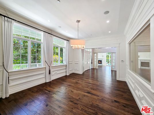 Chandelier, Empty room, Fireplace, Interior, Recessed Lighting, Wood Texture Flooring