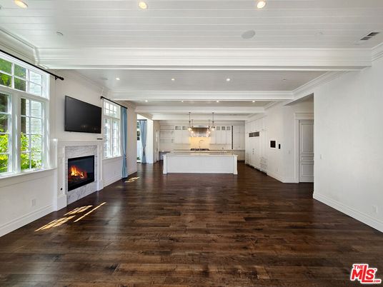 Empty room, Fireplace, Interior, Kitchen, Pendant Lights, Recessed Lighting, Wood Texture Flooring