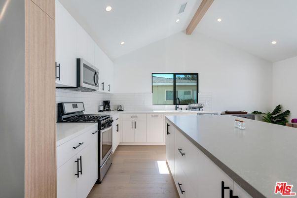 Interior, Kitchen, Recessed Lighting, Stainless Steel Appliances, Wooden Beams, Wood Texture Flooring