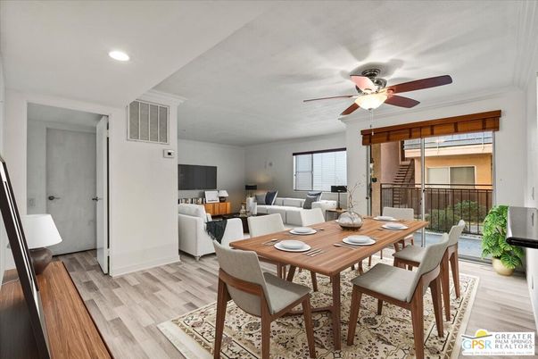 Dining room, Interior, Living room, Recessed Lighting, Wood Texture Flooring