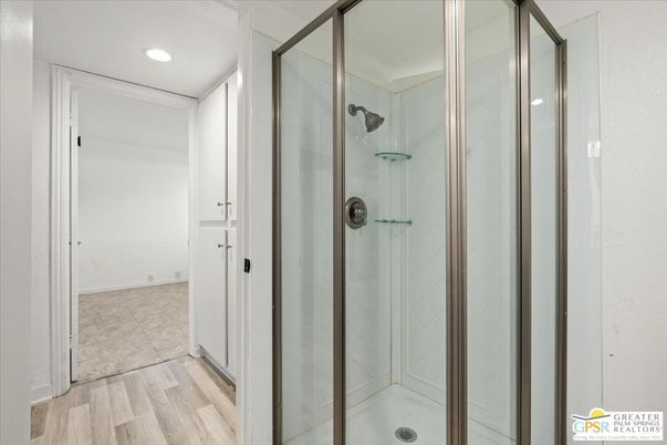 Bathroom, Glass Shower, Interior, Recessed Lighting, Wood Texture Flooring