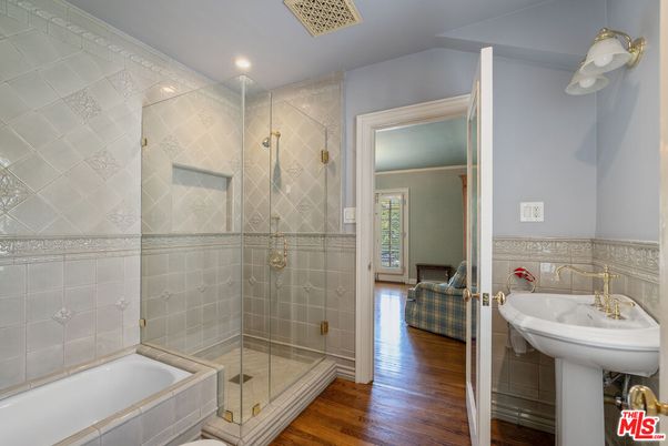 Bathroom, Glass Shower, Interior, Recessed Lighting, Wood Texture Flooring