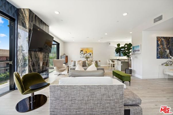 Dining room, Fireplace, Interior, Living room, Recessed Lighting, Wood Texture Flooring