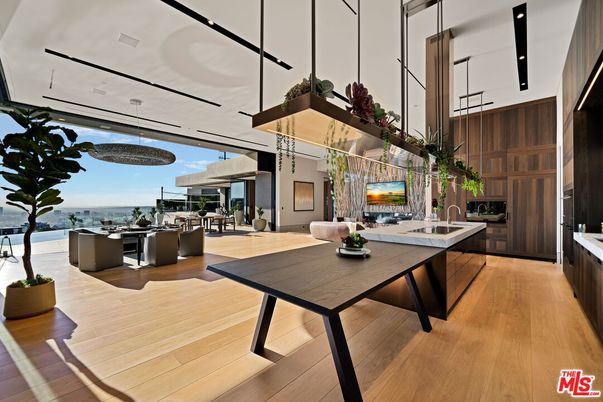Dining room, Interior, Pendant Lights, Water, Wood Texture Flooring