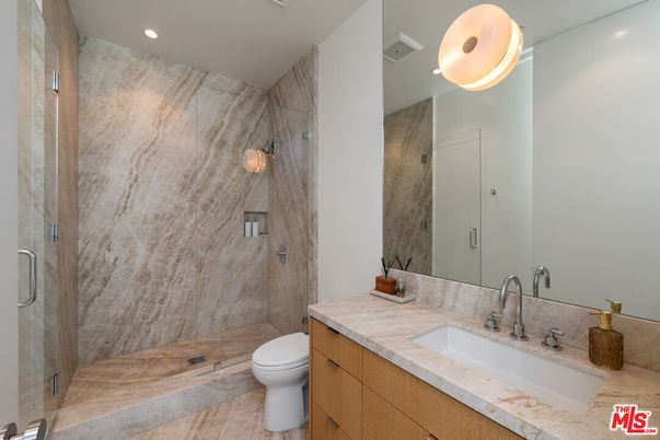 Bathroom, Glass Shower, Interior, Marble Walls, Recessed Lighting
