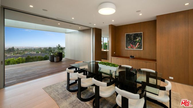 Dining room, Interior, Recessed Lighting, Wood Texture Flooring, Wooden Walls
