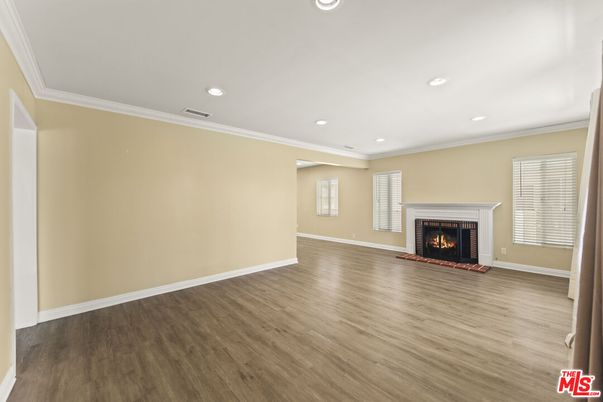 Empty room, Fireplace, Interior, Recessed Lighting, Wood Texture Flooring