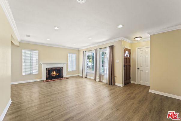 Empty room, Fireplace, Interior, Recessed Lighting, Wood Texture Flooring