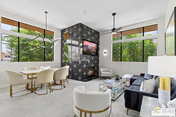 Dining room, Fireplace, Interior, Living room, Pendant Lights